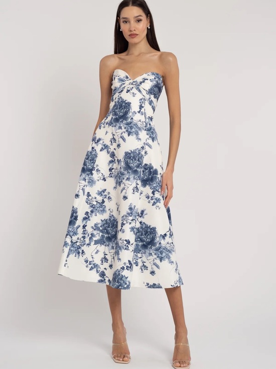 Jenny Yoo Dresses & Skirts - Jenny Yoo White Strapless Midi Dress with Blue Floral Print